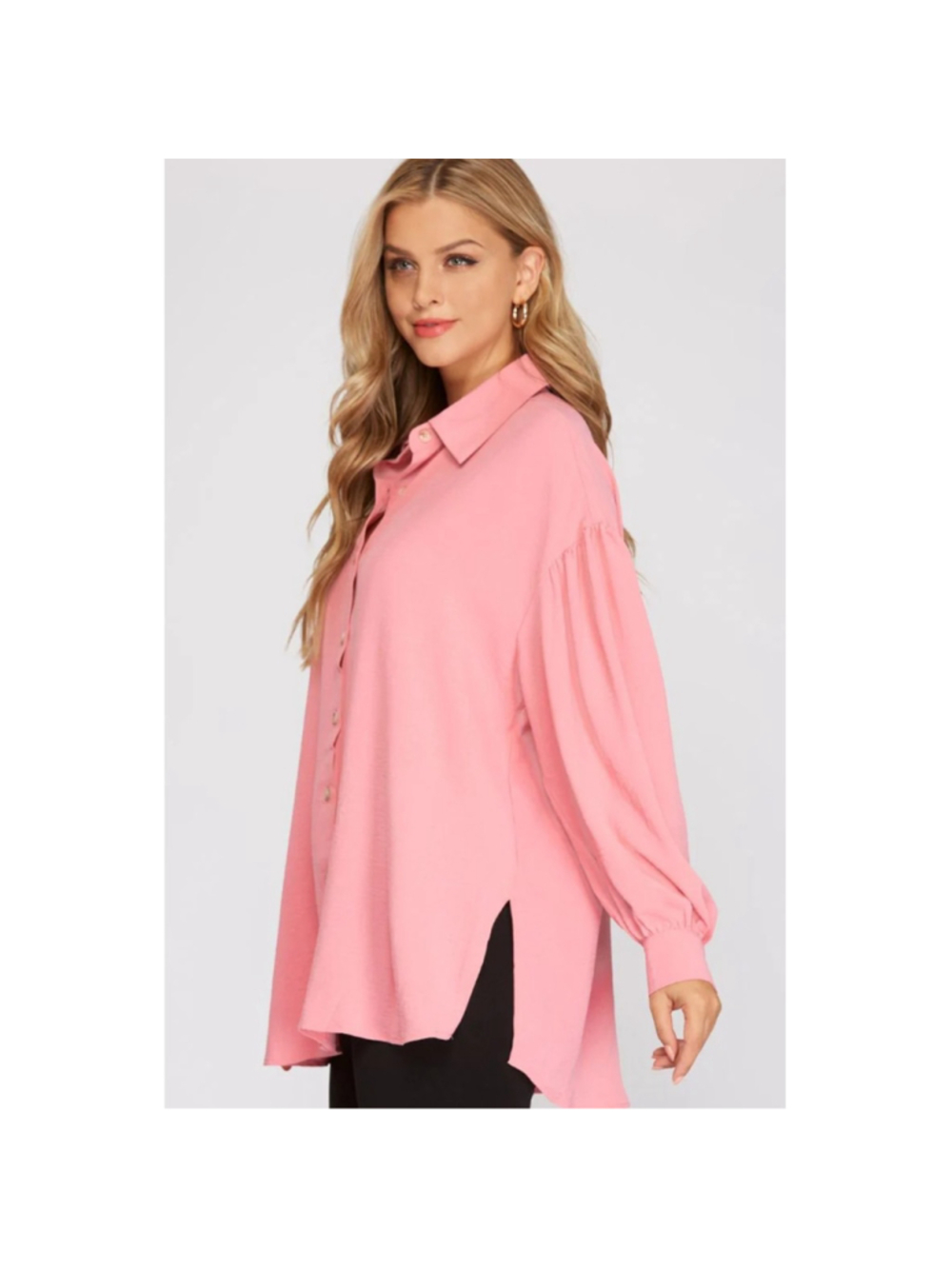 Rose Pink Button Down Blouse Balloon Sleeve Flowy Top Size Medium - Picture 2 of 6